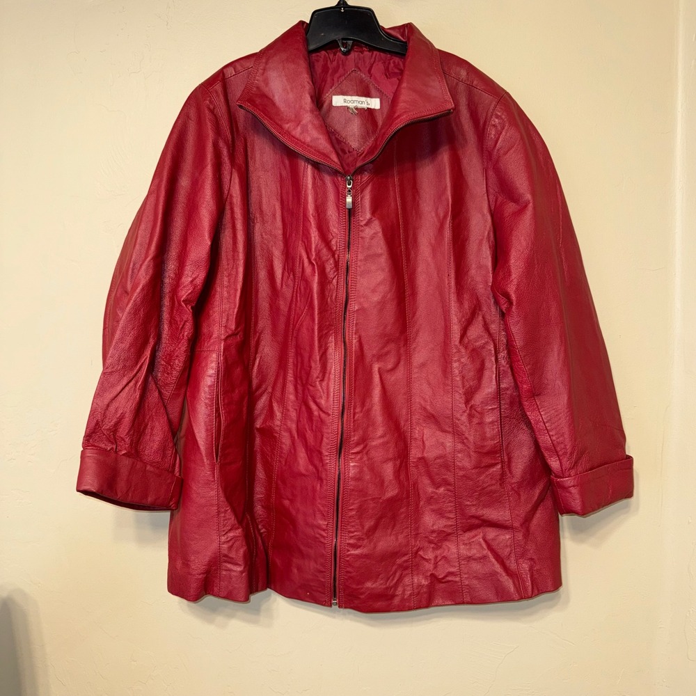 Roamans Red Leather Jacket Women Full Zip Closure Casual Outerwear Grunge Pocket